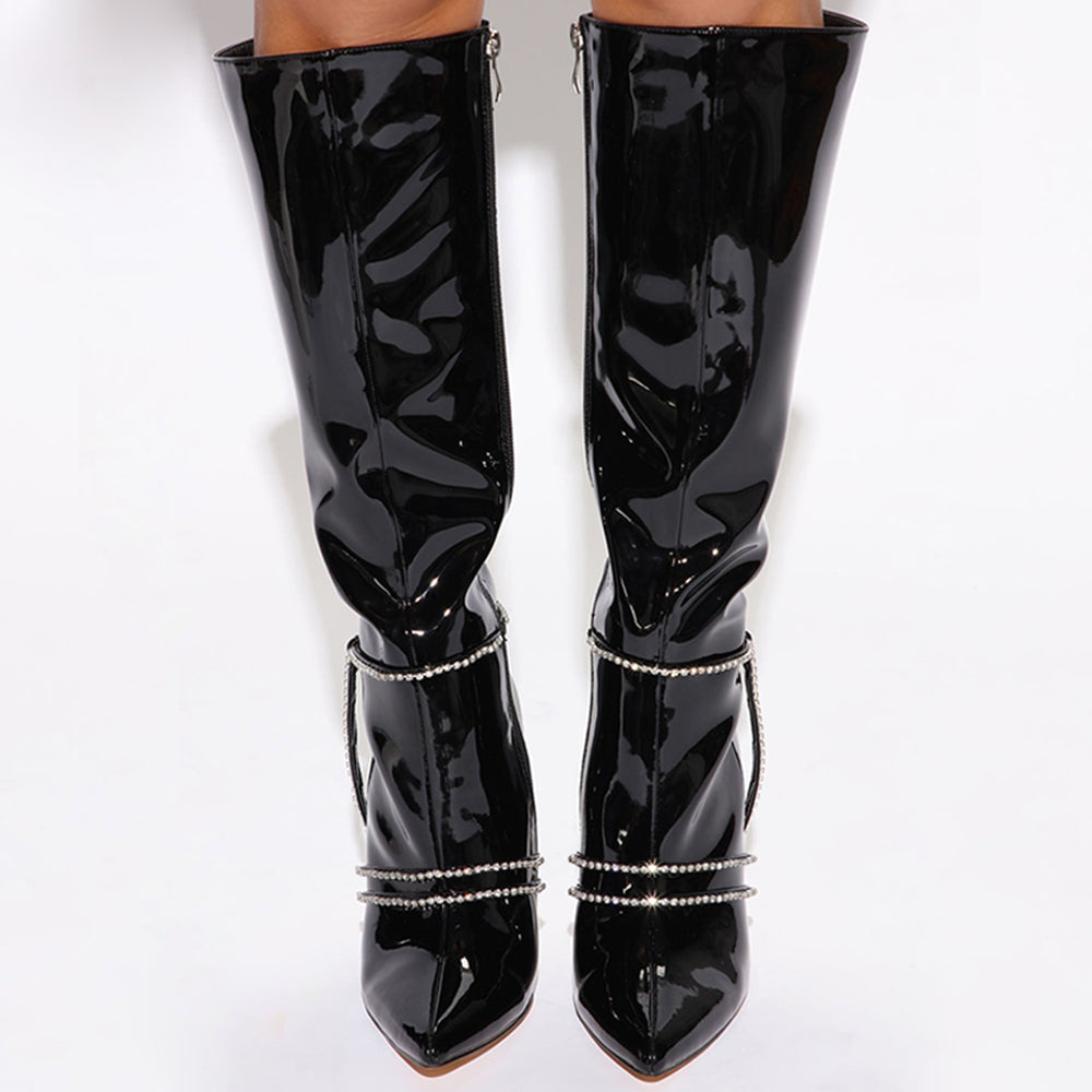 Black Patent Leather Stiletto Heel Rhinestone Strappy Knee High Boots
