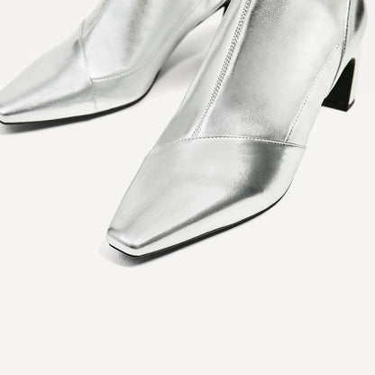 Silver Metallic Square Toe Chunky Heel Side Zip Ankle Boots