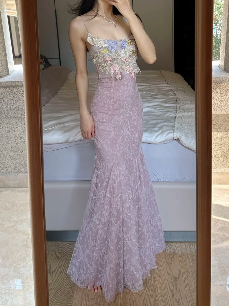 Elegant Light Purple Mermaid Square Neck 3D Floral Lace Long Prom Dress Evening Dress P4258