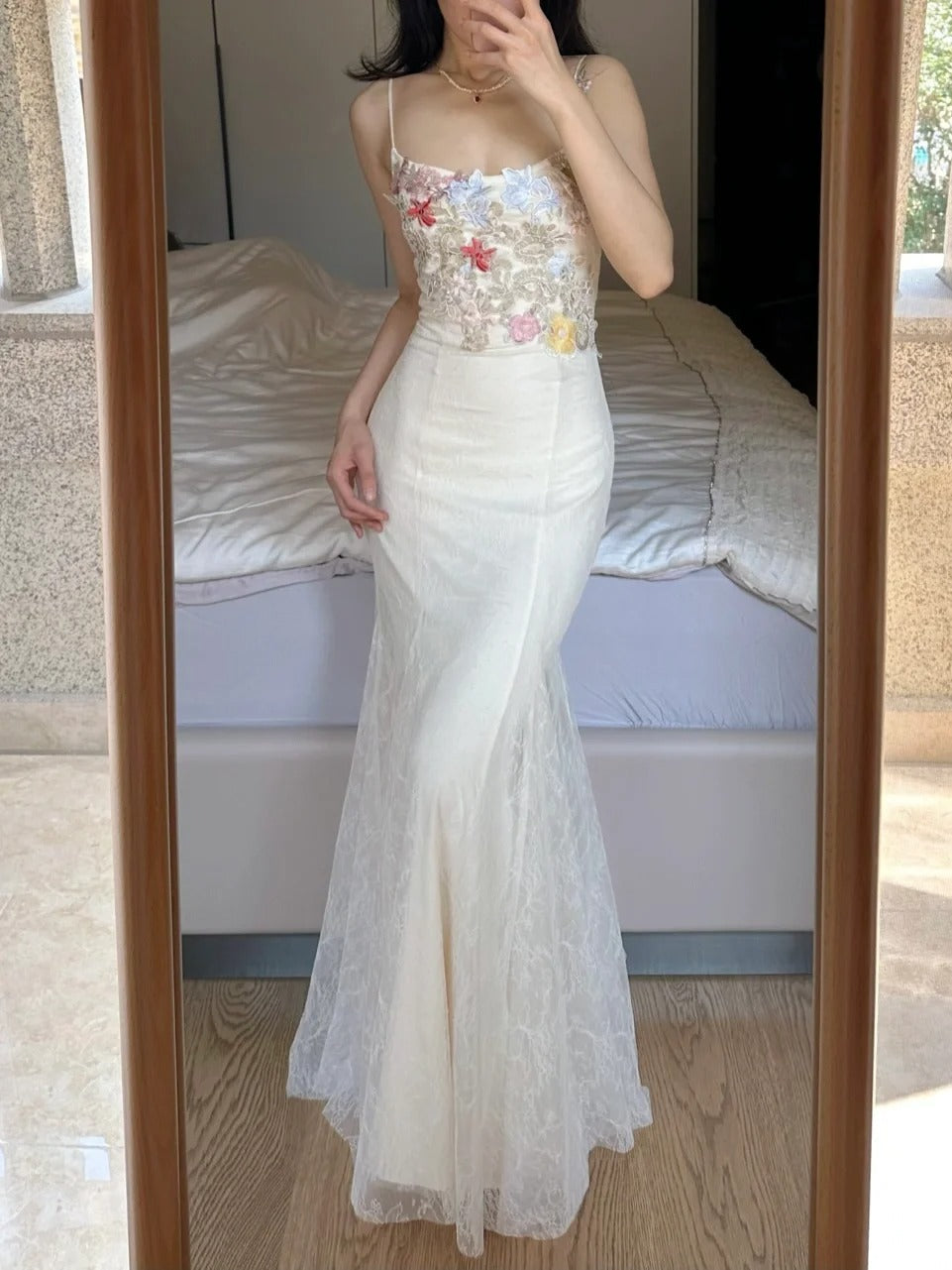 Elegant Light Purple Mermaid Square Neck 3D Floral Lace Long Prom Dress Evening Dress P4258