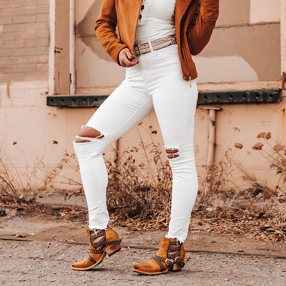 Yellow Vintage Buckle Straps Chunky Heel Western Boots for Women