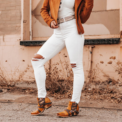 Yellow Vintage Buckle Straps Chunky Heel Western Boots for Women