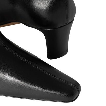 Black Vegan Leather Square Toe Chunky Heel Knee High Boots for Women