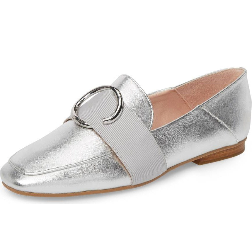 Silver Metallic Finish Square Toe Flats Buckle Decor Women's Loafers