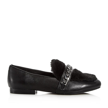 Black Round Toe Faux Fur Flats Chain Strap Loafer Shoes Women