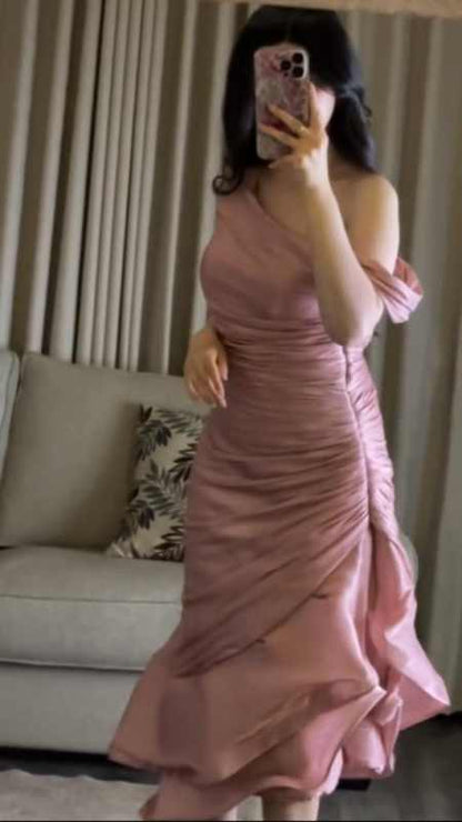 Pink Asymmetric Ruched Mermaid Evening Dress – Satin Ruffled Formal Gown TP5072