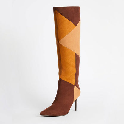Brown Vegan Suede Patchwork Pointed Toe Stilettos Knee High Boots
