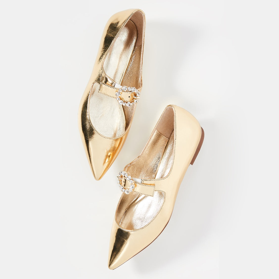Gold Pointed Toe Mary Jane Shoes Buckle Flats