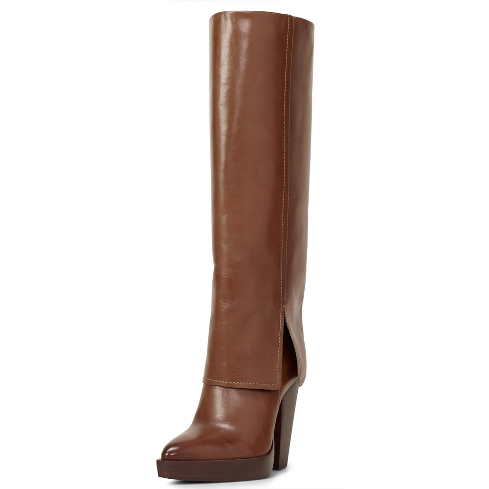 Brown Pointed Toe Fold-over Platform Knee High Boots with Block Heel