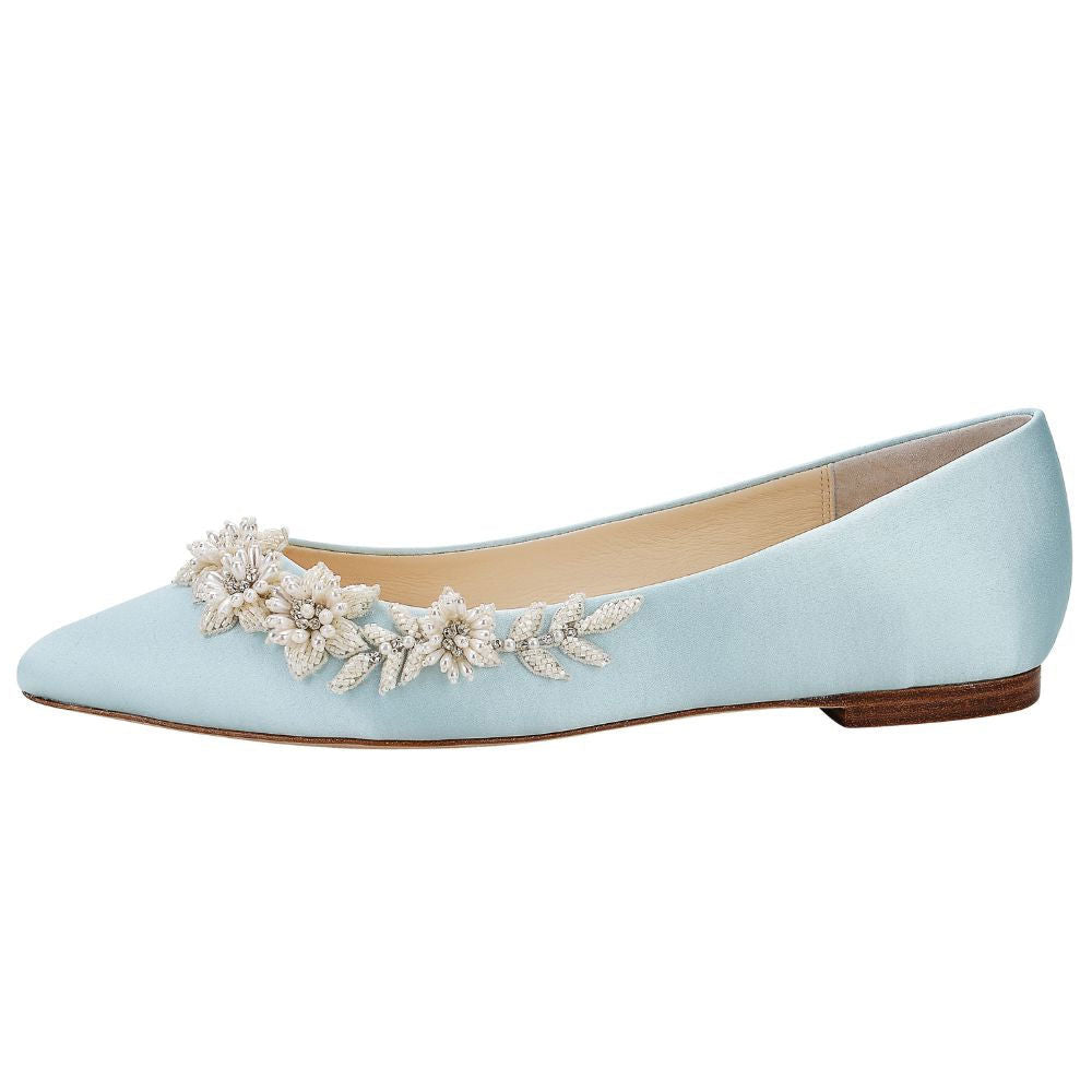 Blue Satin Pointed Toe Pearl Floral Embellished Wedding Flats