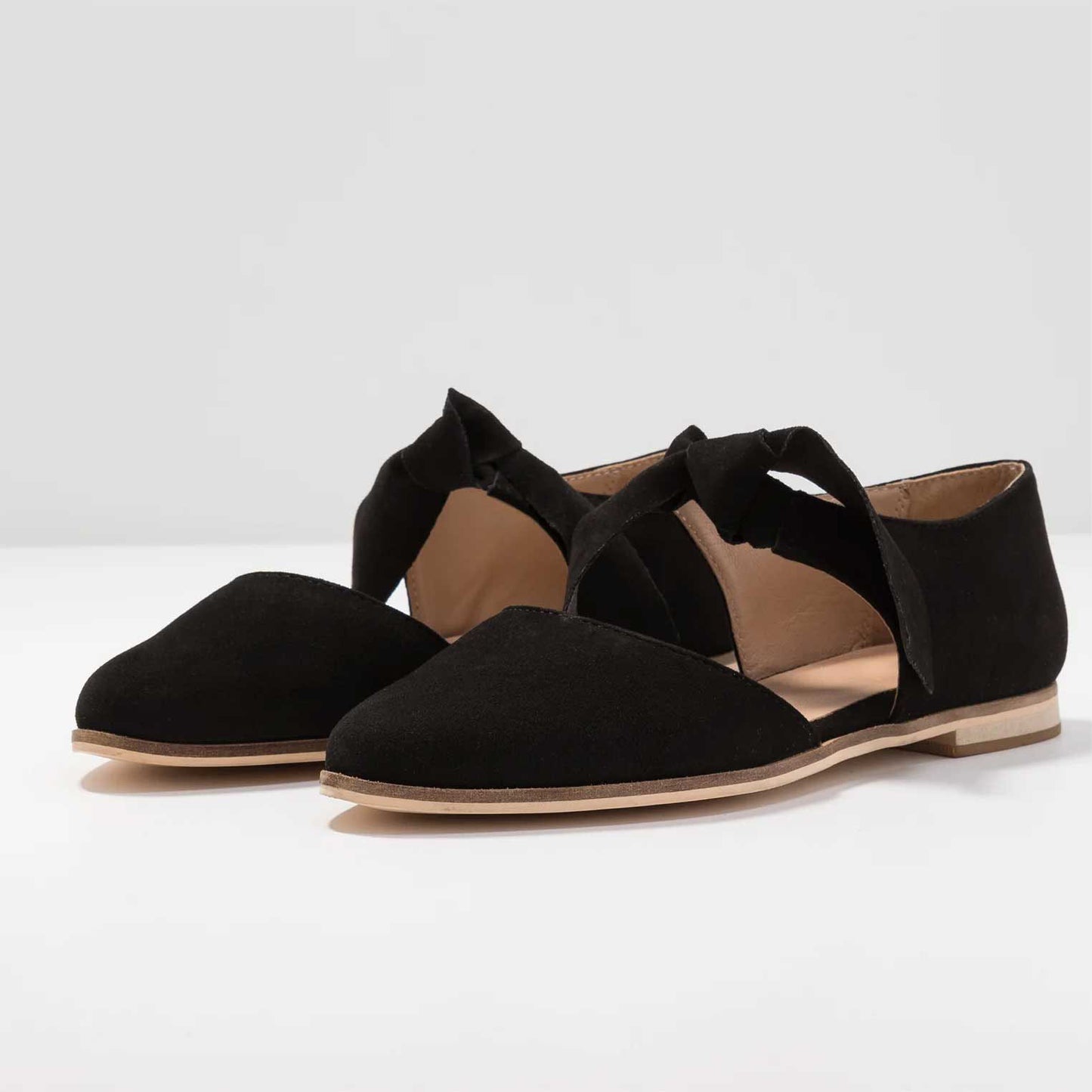 Black Vegan Suede Almond Toe Cutout Lace-Up Flats for Women