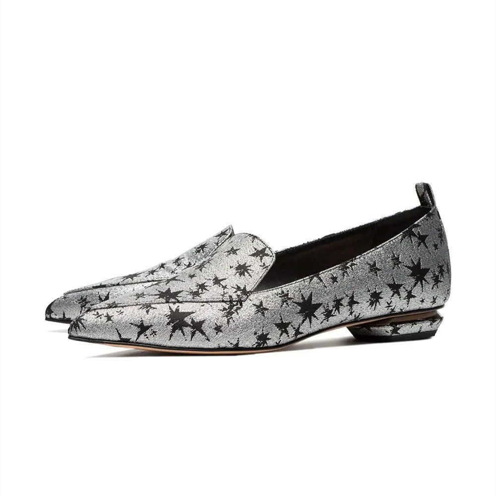 Silver and Black Star Printed Pointy Toe Flats