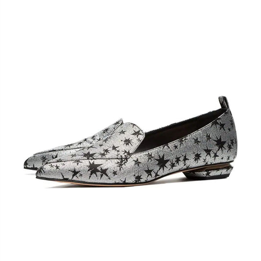Silver and Black Star Printed Pointy Toe Flats