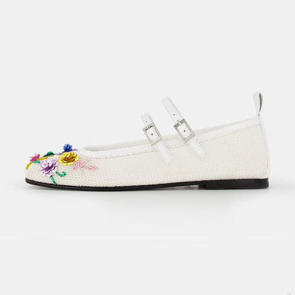 White Mesh Closed Toe Mary Jane Flats with Beads & Sequins Flowers