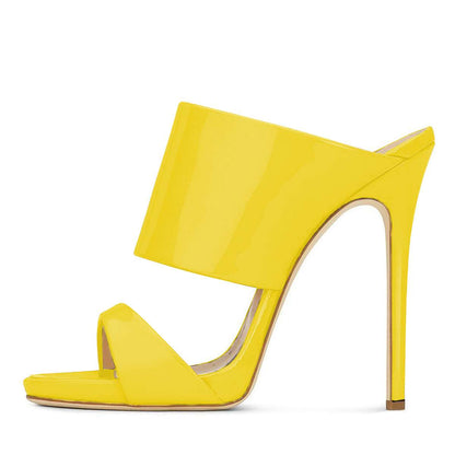Yellow Patent Leather Open-Toe Stiletto Heel Mules Shoes