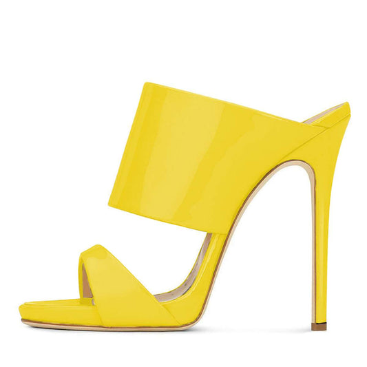Yellow Patent Leather Open-Toe Stiletto Heel Mules Shoes