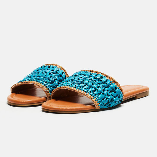 Chic Open Toe Woven Raffia Upper Flat Slide Sandals in Blue