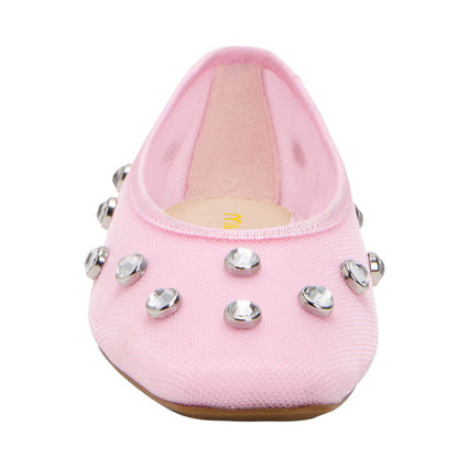 Mesh Ladies' Cute Square Toe Pink Ballet Flats with Studded Rhinestone