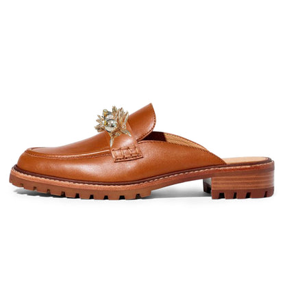 Brown Closed Round Toe Mules With Flower Decor Lug Sole Flats