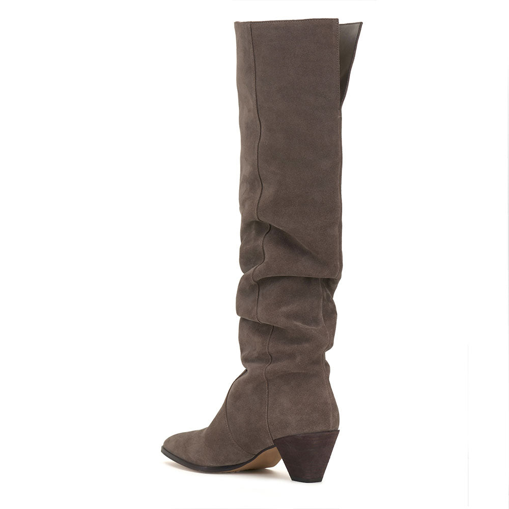 Gray Faux Suede Pointed Toe Chunky Heel Wide Calf Knee High Boots