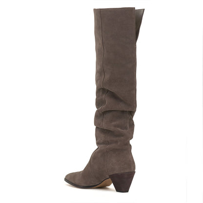 Gray Faux Suede Pointed Toe Chunky Heel Wide Calf Knee High Boots