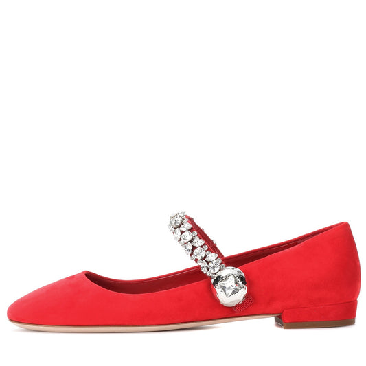 Red Vegan Suede Round Toe Rhinestone Strap Mary Jane Flats