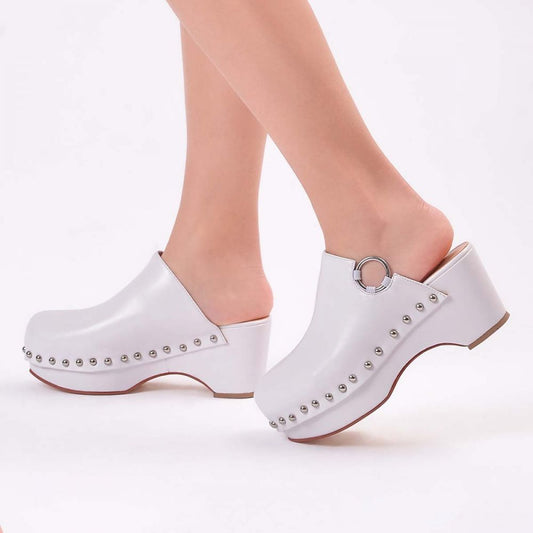 White Round Toe Clogs Chunky Heel Platform Mules with Studs