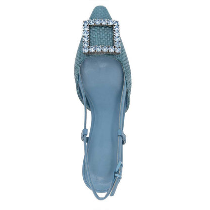Blue Woven Pointed Toe Slingback Heels with Rhinestone Buckle