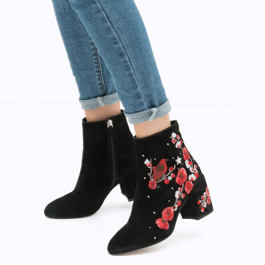Black and Red Floral Vegan Suede Block Heel Ankle Boots
