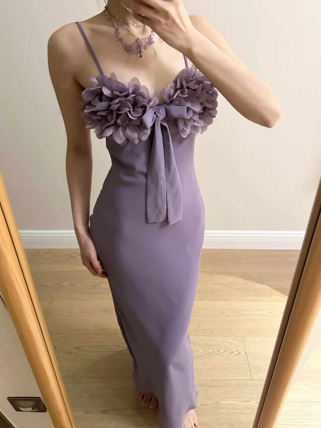 Elegant Purple Mermaid 3D Flower Bow Thin Strap Satin Long Prom Dress Evening Dress Bridesmaid Dress P4262