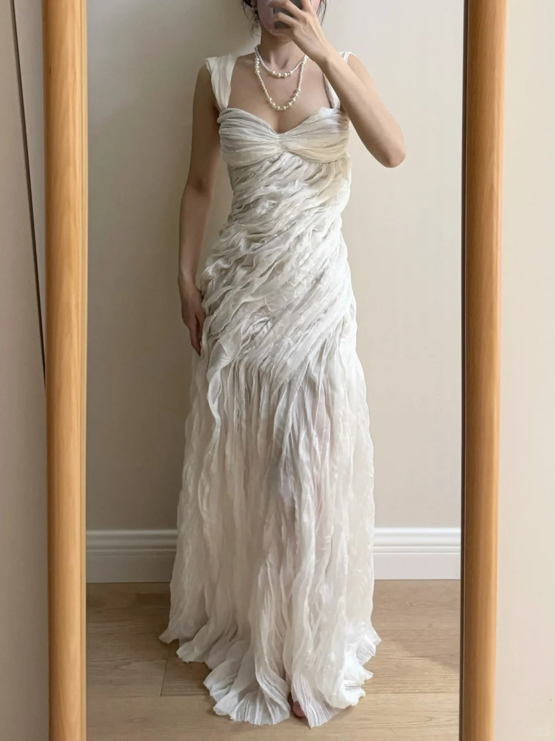 Elegant Ivory Pleated Satin Long Prom Dress Evening Dress P4264