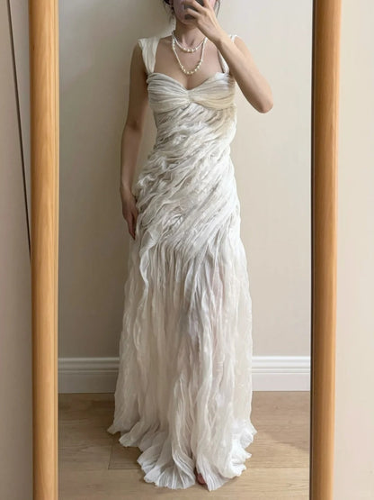 Elegant Ivory Pleated Satin Long Prom Dress Evening Dress P4264