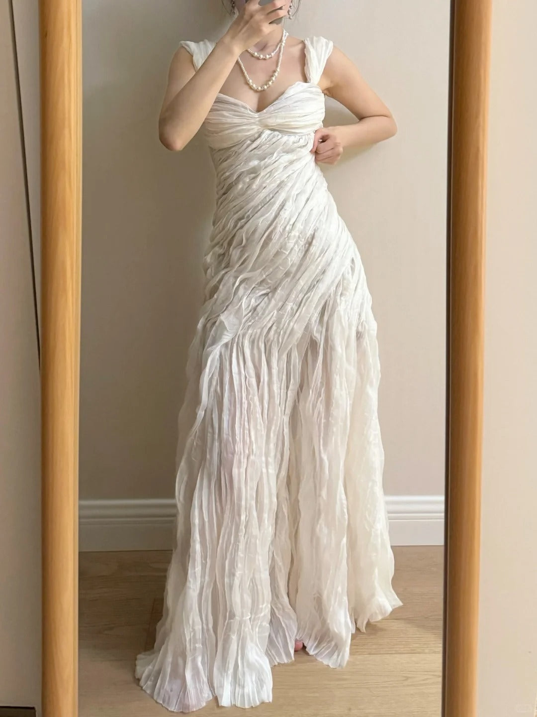 Elegant Ivory Pleated Satin Long Prom Dress Evening Dress P4264