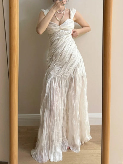Elegant Ivory Pleated Satin Long Prom Dress Evening Dress P4264