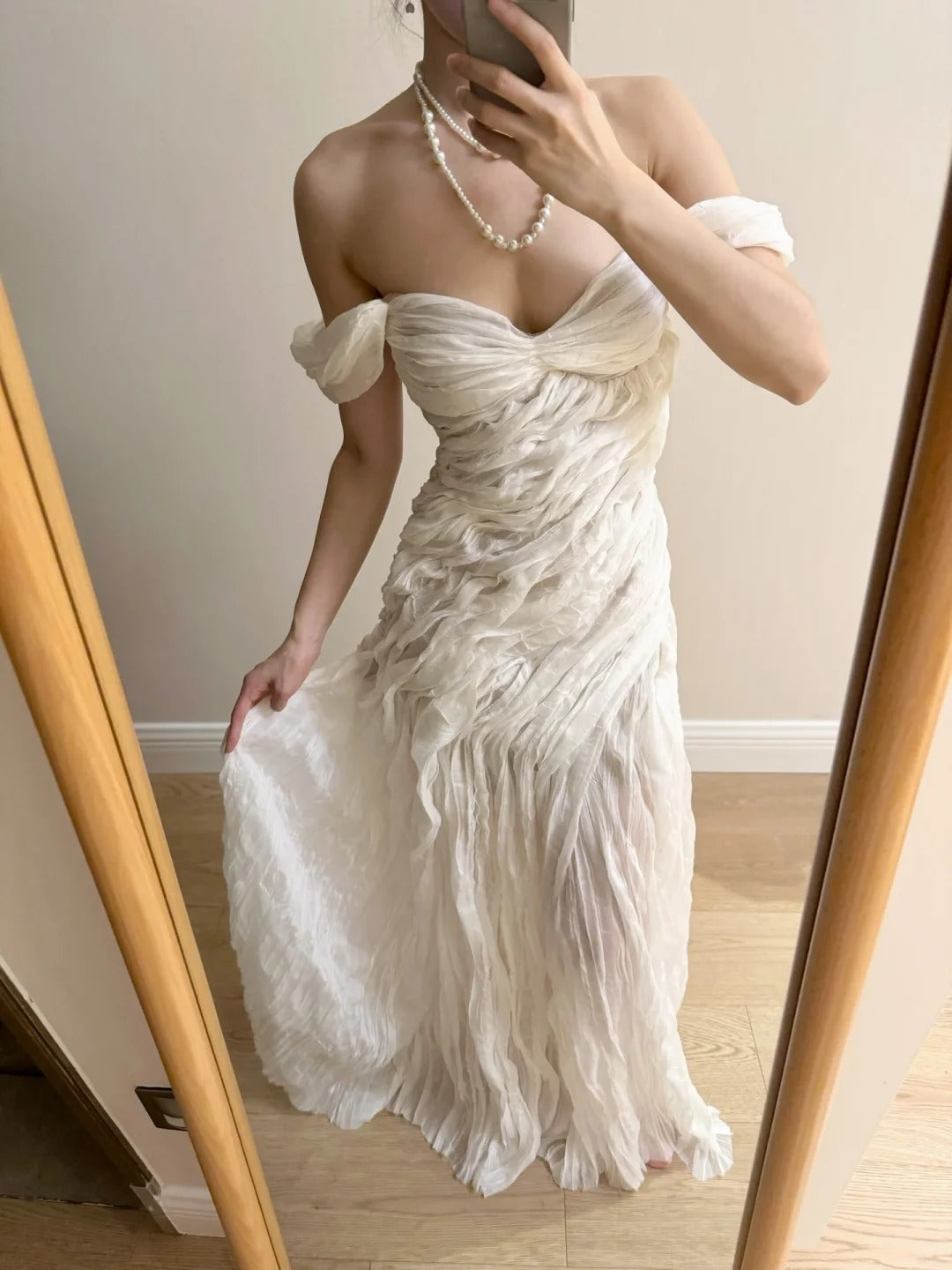 Elegant Ivory Pleated Satin Long Prom Dress Evening Dress P4264