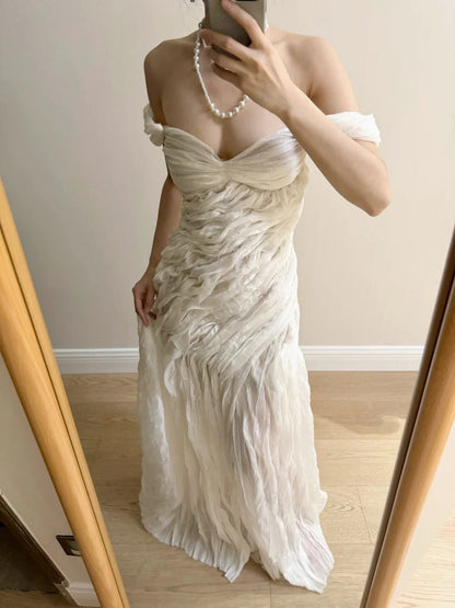 Elegant Ivory Pleated Satin Long Prom Dress Evening Dress P4264