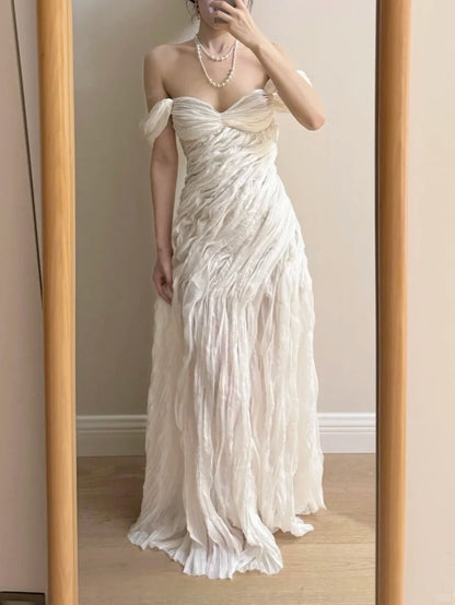 Elegant Ivory Pleated Satin Long Prom Dress Evening Dress P4264