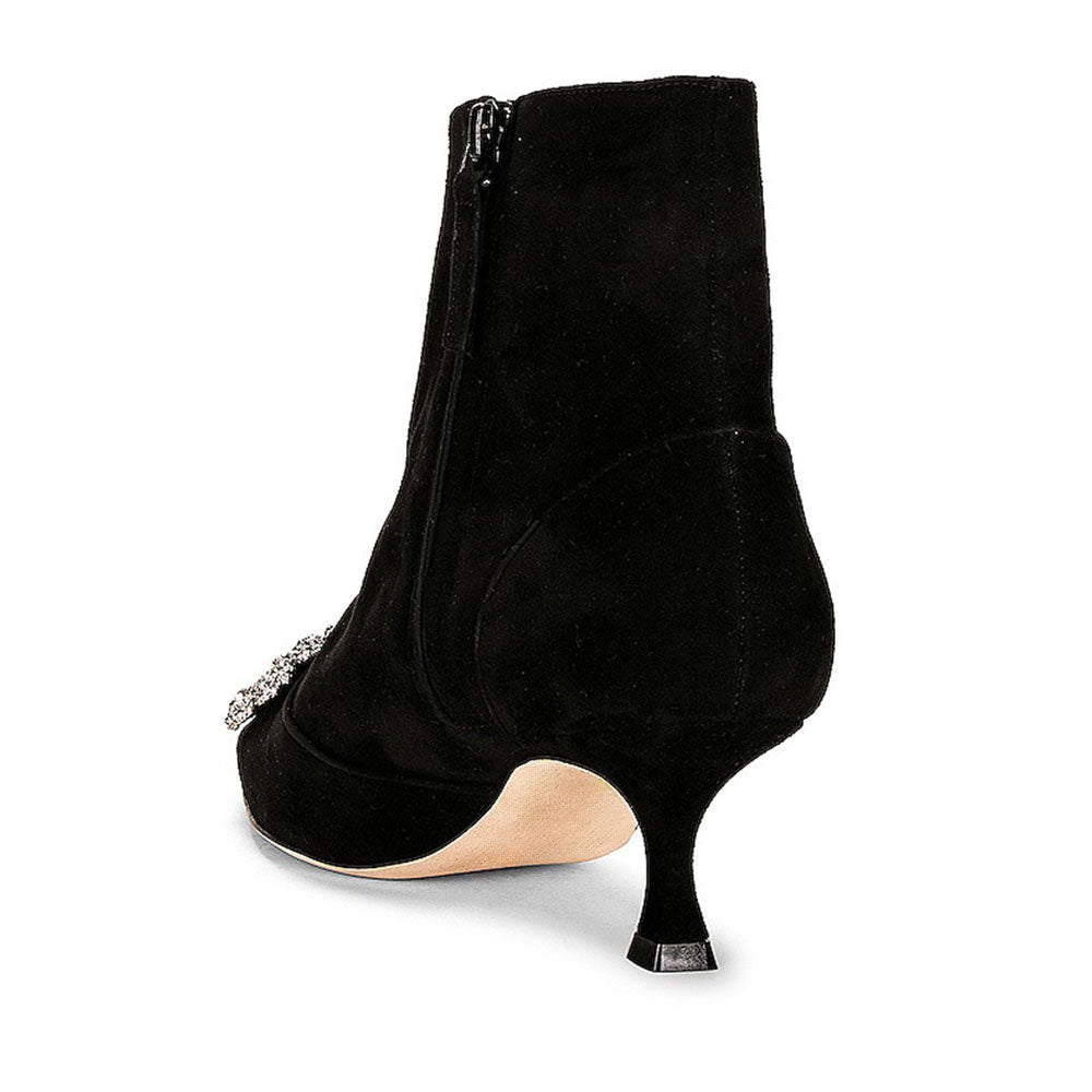 Black Pointed Toe Kitten Heel Ankle Boots with Rhinestone Buckle
