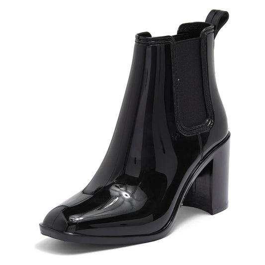 Black Closed Square Toe Chelsea Booties Block Heel Ankle Boots