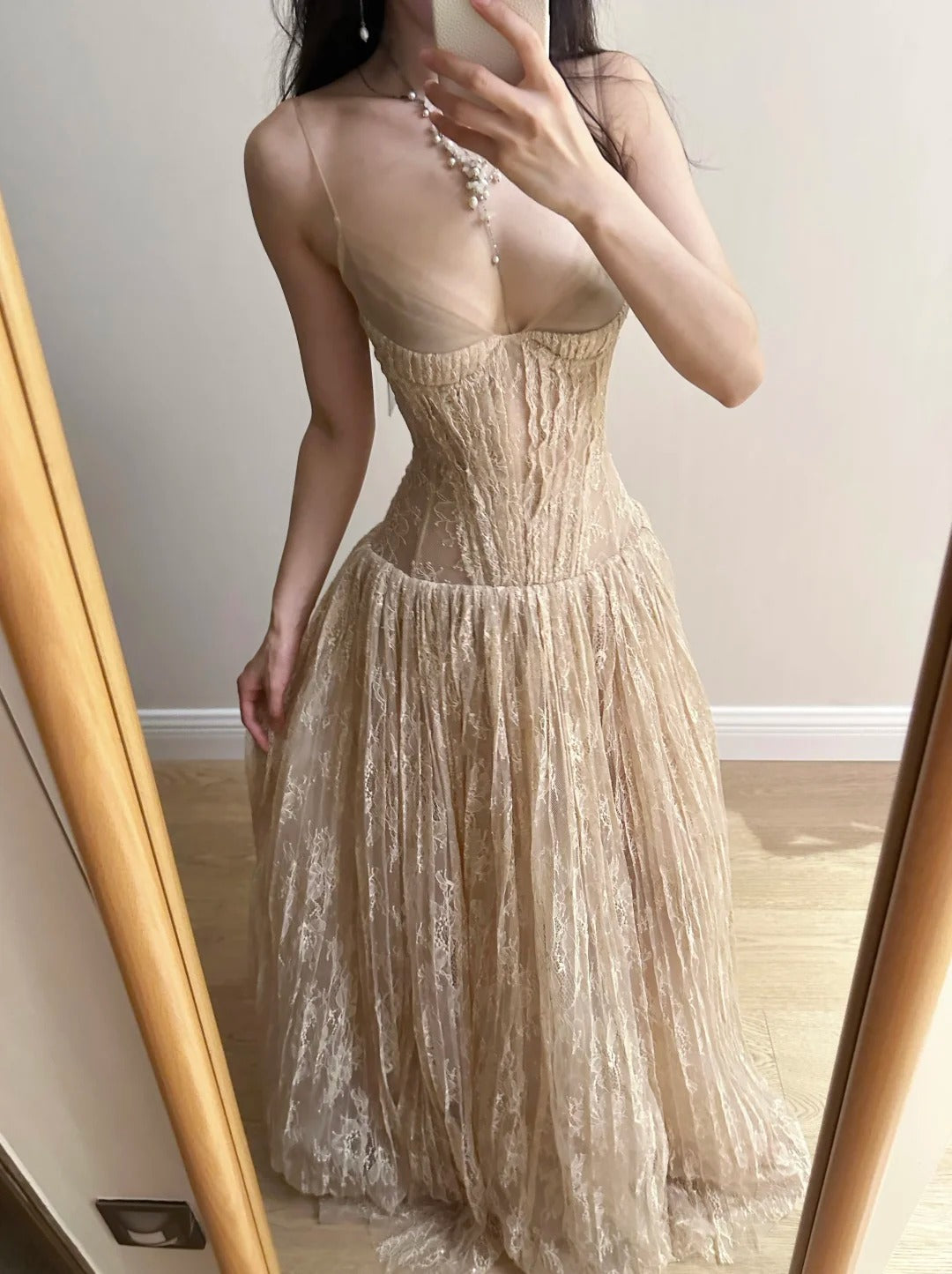 Elegant Nude Apricot A-line Deep V Halter Lace Long Prom Dress Evening Dress Bridesmaid Dress P4265