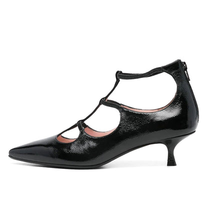 Women's T-Strap Pointed Toe Back Zipper Low Heel Pumps in Black