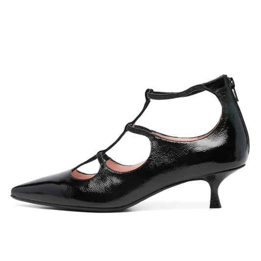 Women's T-Strap Pointed Toe Back Zipper Low Heel Pumps in Black