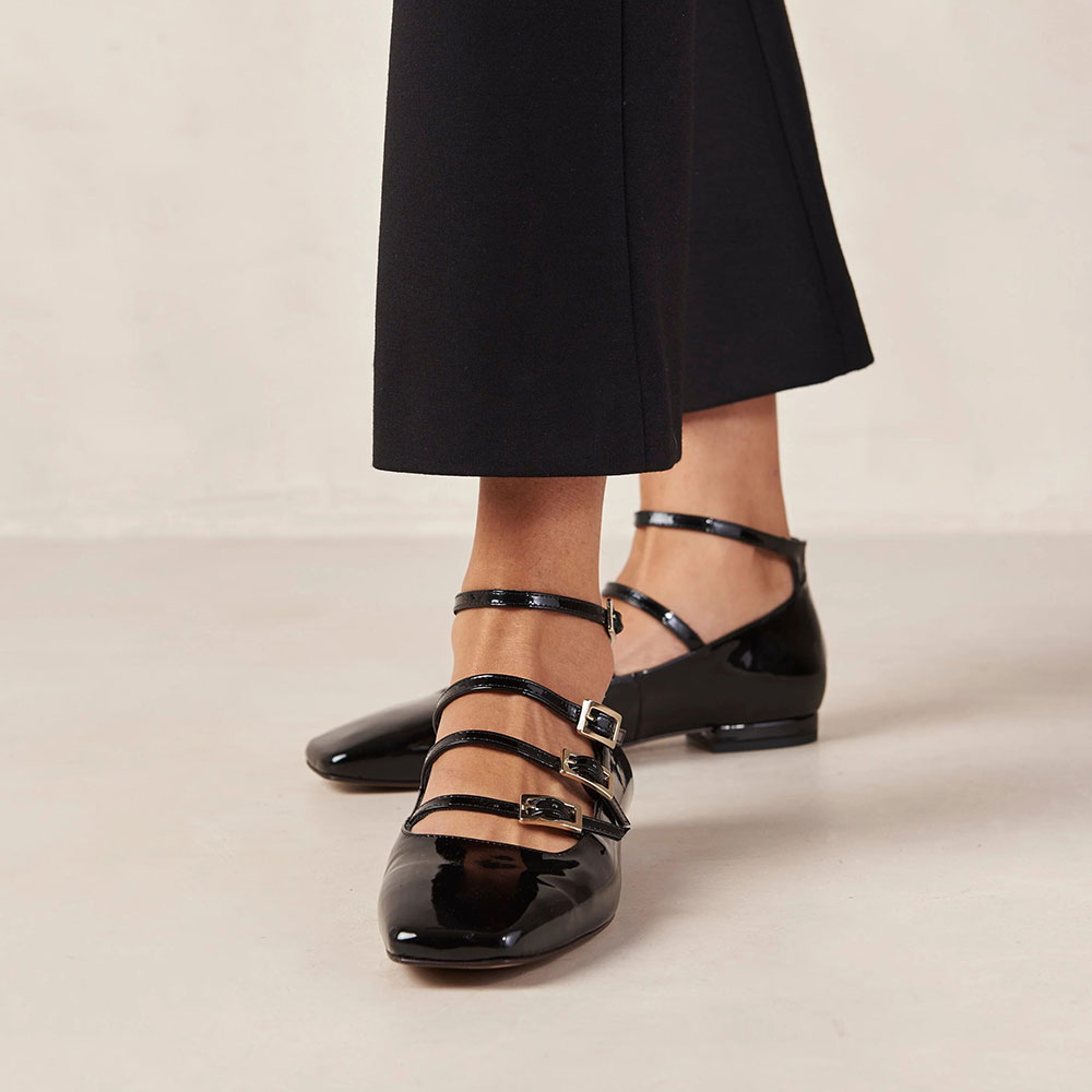 Black Patent Leather Buckled Square Toe Mary Jane Flats