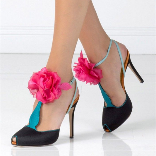 Black & Blue T Strap Sandals Peep Toe Stiletto Heels with Flowers