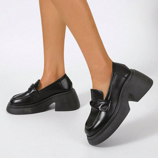 Black Closed Toe Chunky Heel Platform Loafers