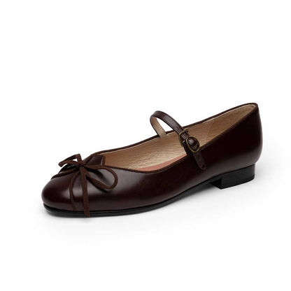 Dark Brown Vegan Leather Bow Inlay Buckle Strap Mary Jane Flats