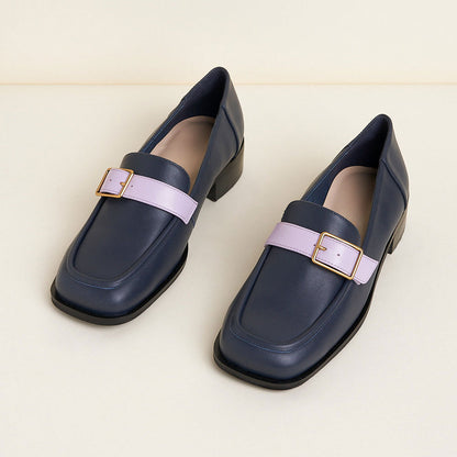 Fashion Navy Square Toe Low Heel Buckled Chunky Loafers for Ladies