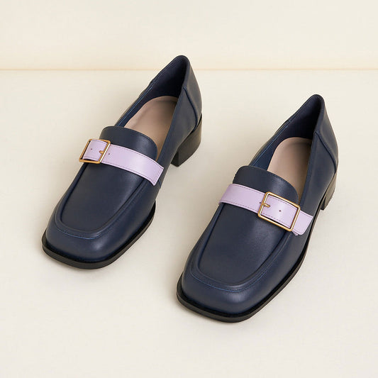 Fashion Navy Square Toe Low Heel Buckled Chunky Loafers for Ladies