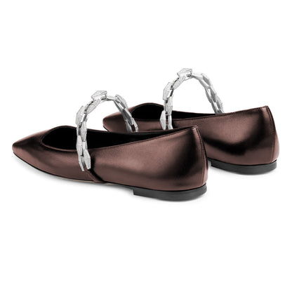 Brown Slip-On Square Toe Rhinestone Chain Ballet Flats with Straps