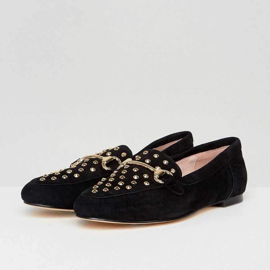 Black Vegan Suede Studded Flats Horsebit Loafers for Women